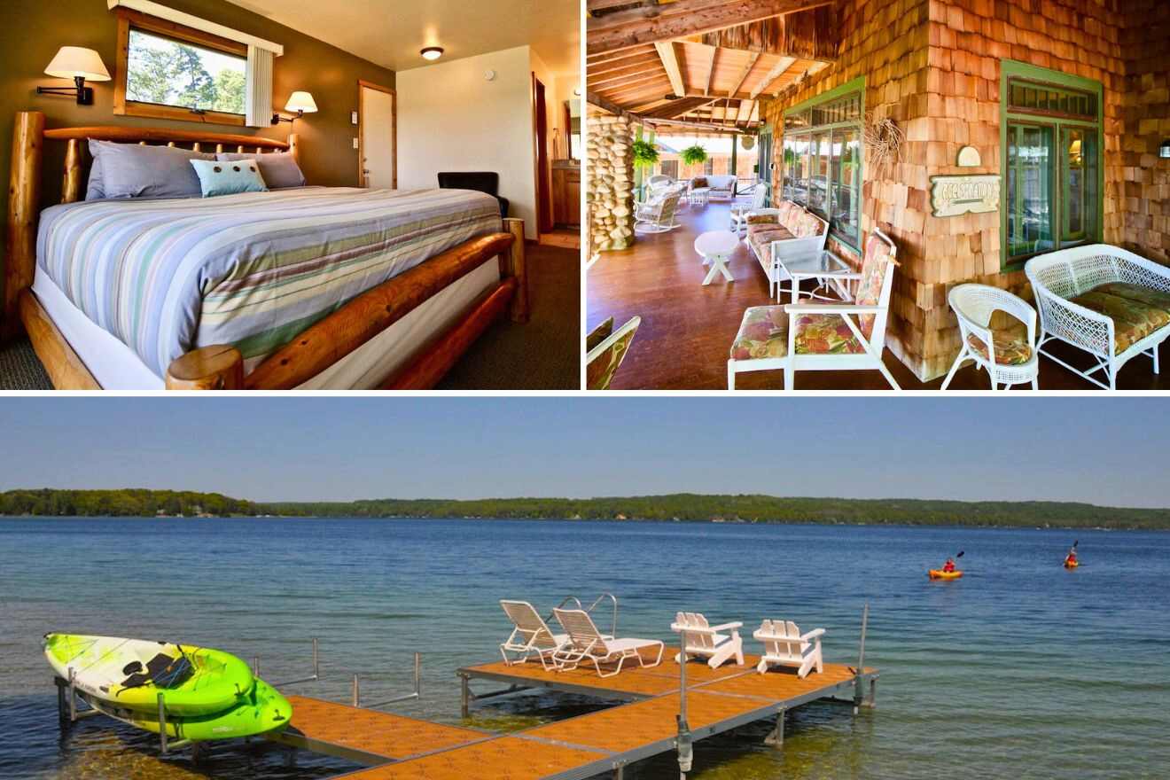 collage of three images with: porch with lounge area, a bedroom and pontoon with chairs and kayaks