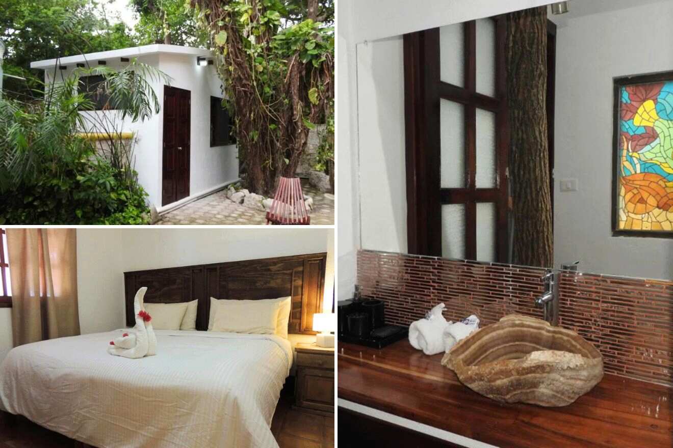 collage with a bedroom with a neatly made bed, a small construction in the garden and a bathroom