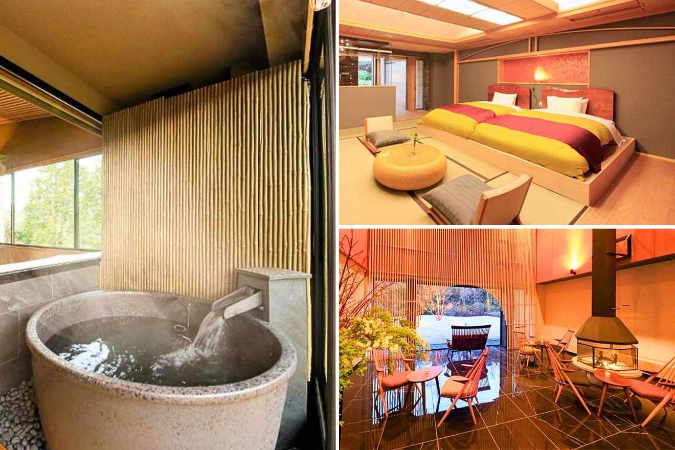 collage of three images: a private onsen, a bedroom and lounge next to the fireplace