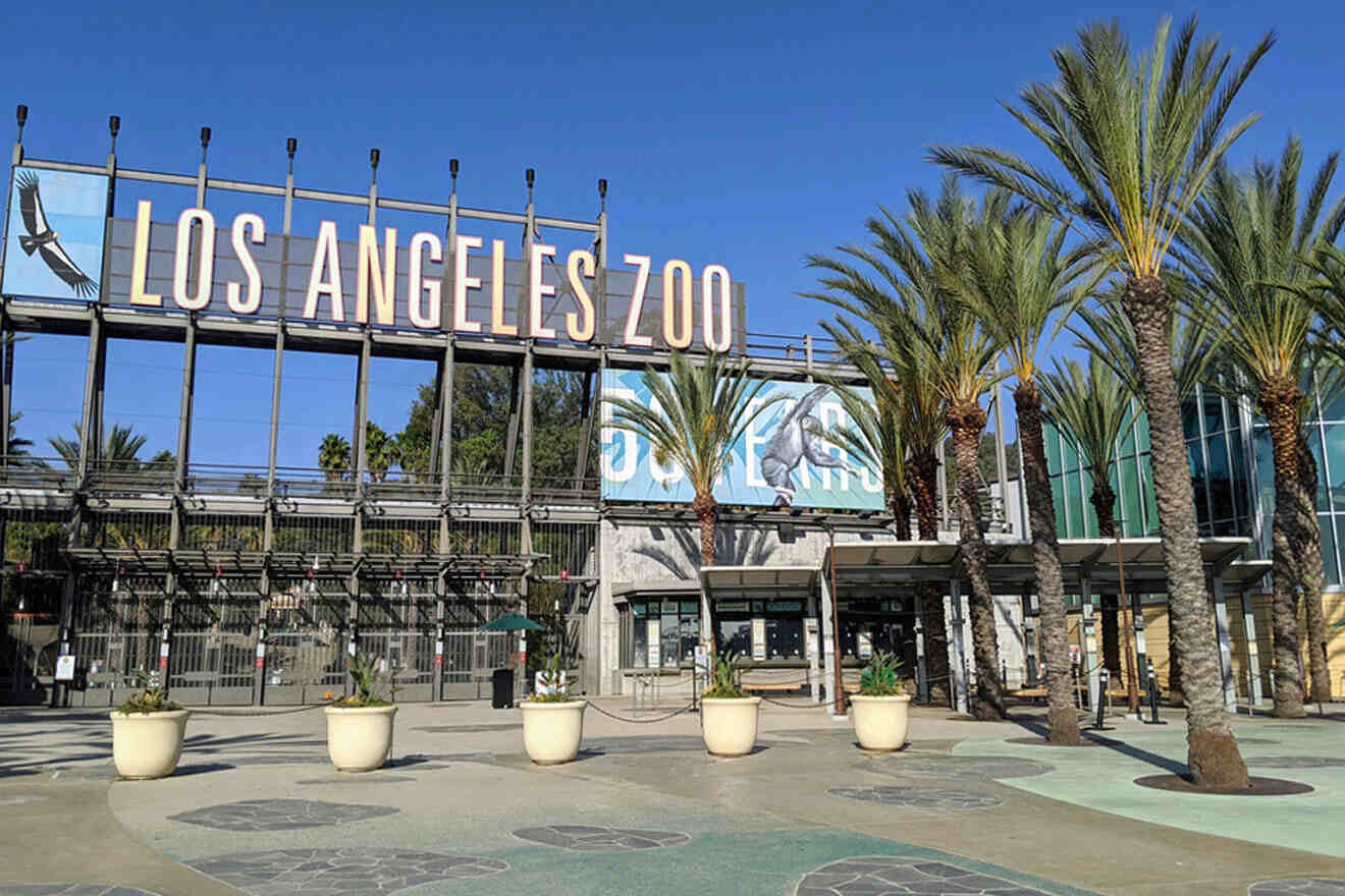 the entrance to the los angeles zoo with palm trees