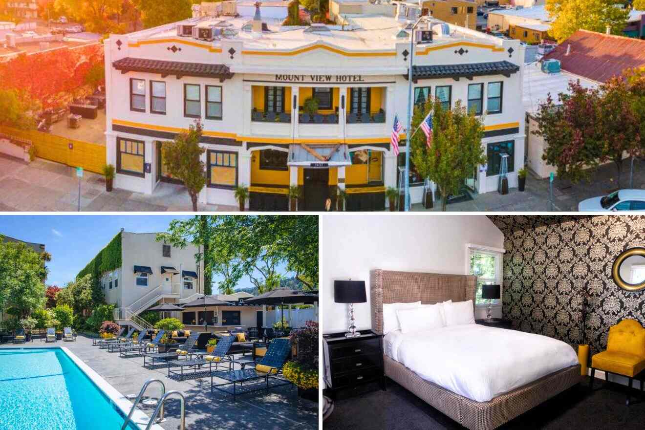 collage of a hotel with aerial view over the building, bedroom and pool