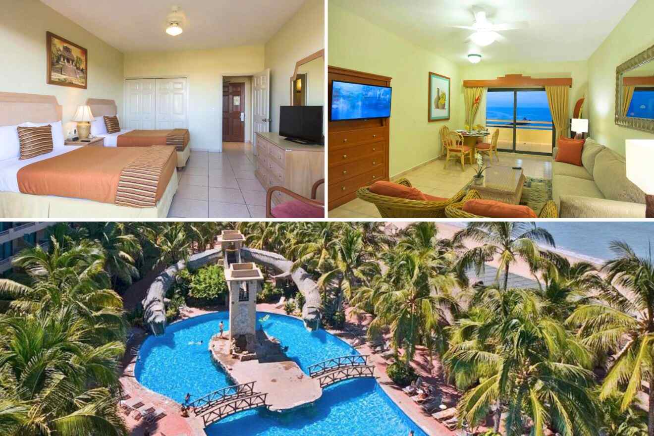 collage with aerial view over the resort and swimming pool, bedroom and lounge