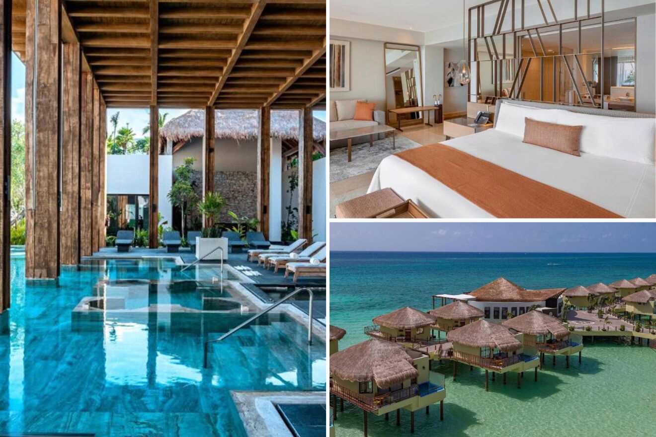 a collage of pictures of a resort and a pool, bedroom