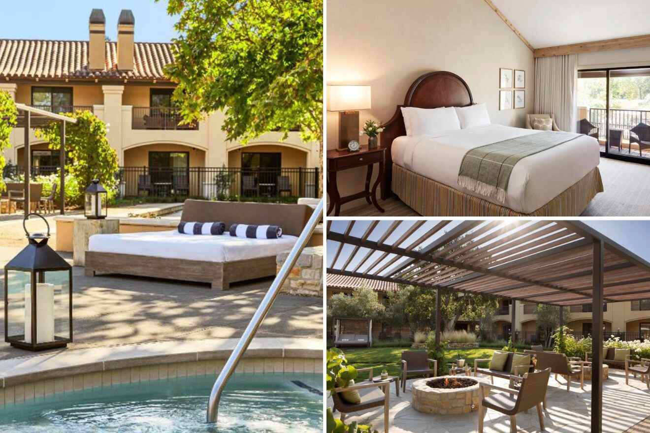 collage of a hotel with a pool, bedroom and a outdoor lounge