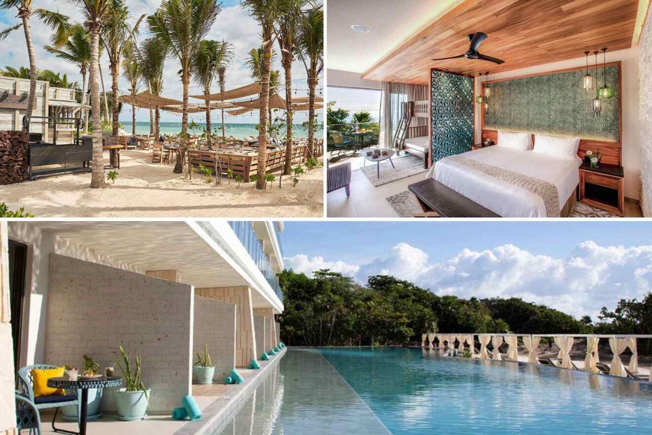 a collage of photos of a resort and a pool, restaurant and a bedroom