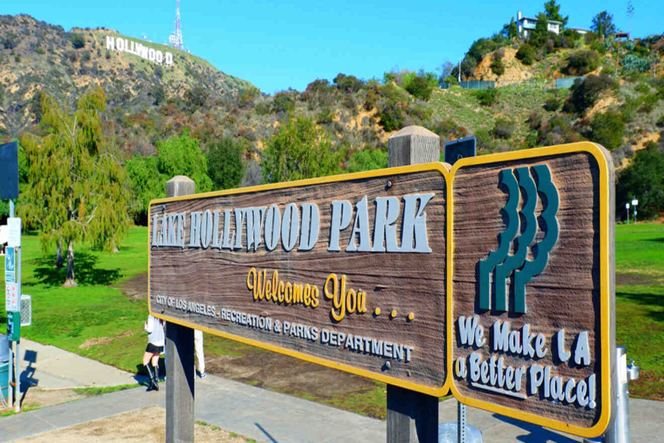 Lake Hollywood Park entrance sign, Hollywood sign in the background
