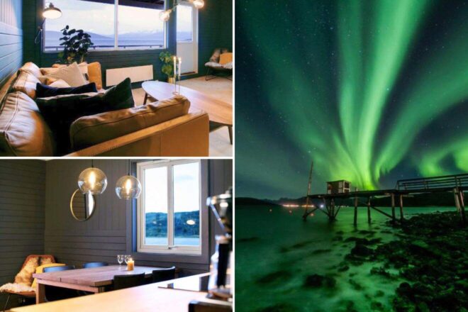 collage with a living room and a dining table and an outdoor image with a view of the aurora borealis