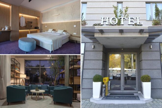 collage with a lounge, bedroom and image of the hotel's entrance