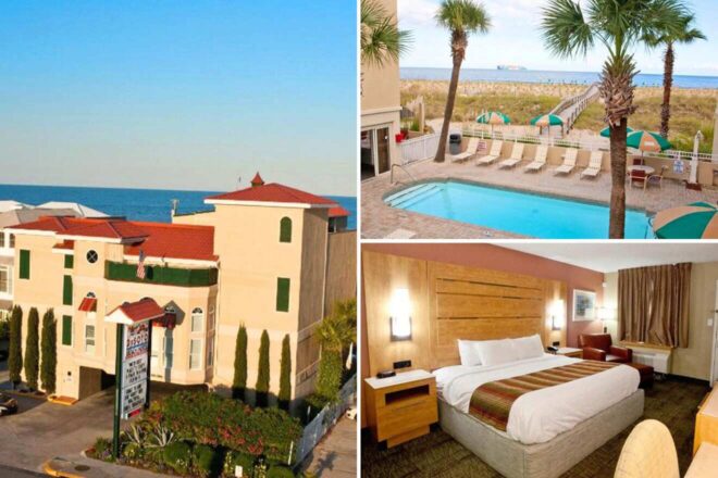 collage with a hotel room with a pool and a view of the beach and bedroom