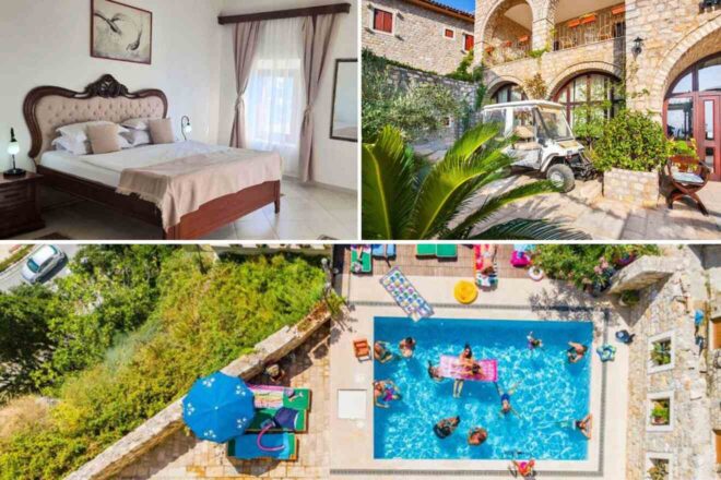 a collage of photos with a pool and a house and a bedroom