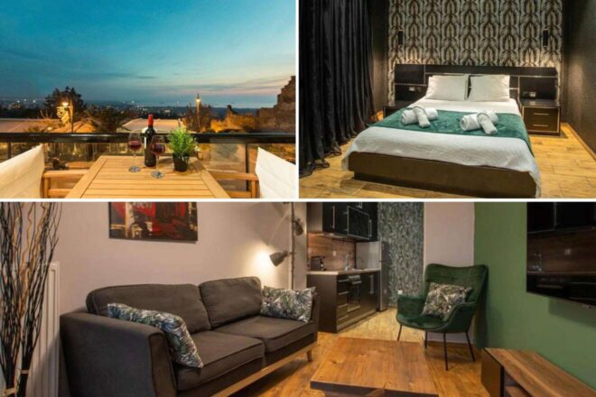 collage with bedroom, terrace and lounge