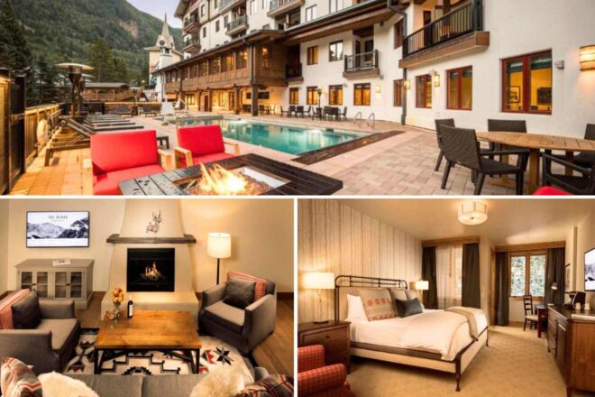 a collage of photos of a hotel with a pool, living room and a bedroom