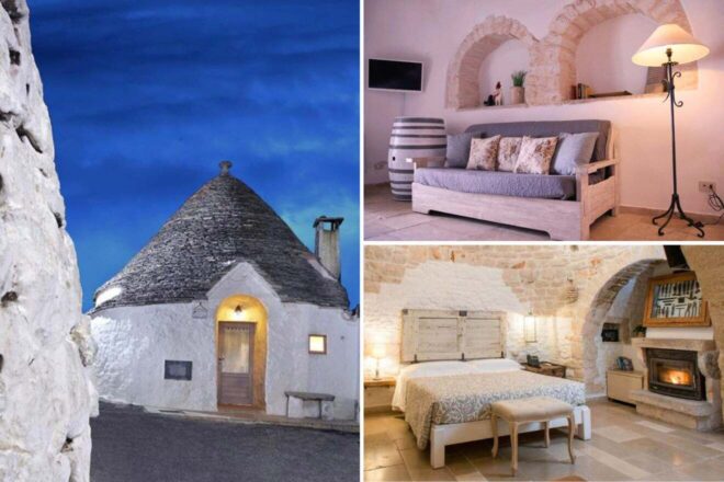 a collage of photos including a bed, a living room, and trulli house