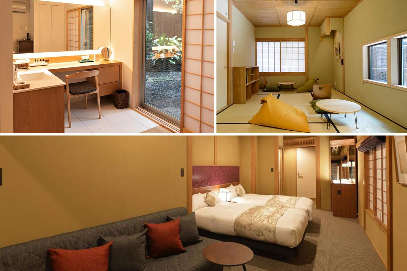 collage with 3 images of a Ryokan: bedroom, chilling room and spa
