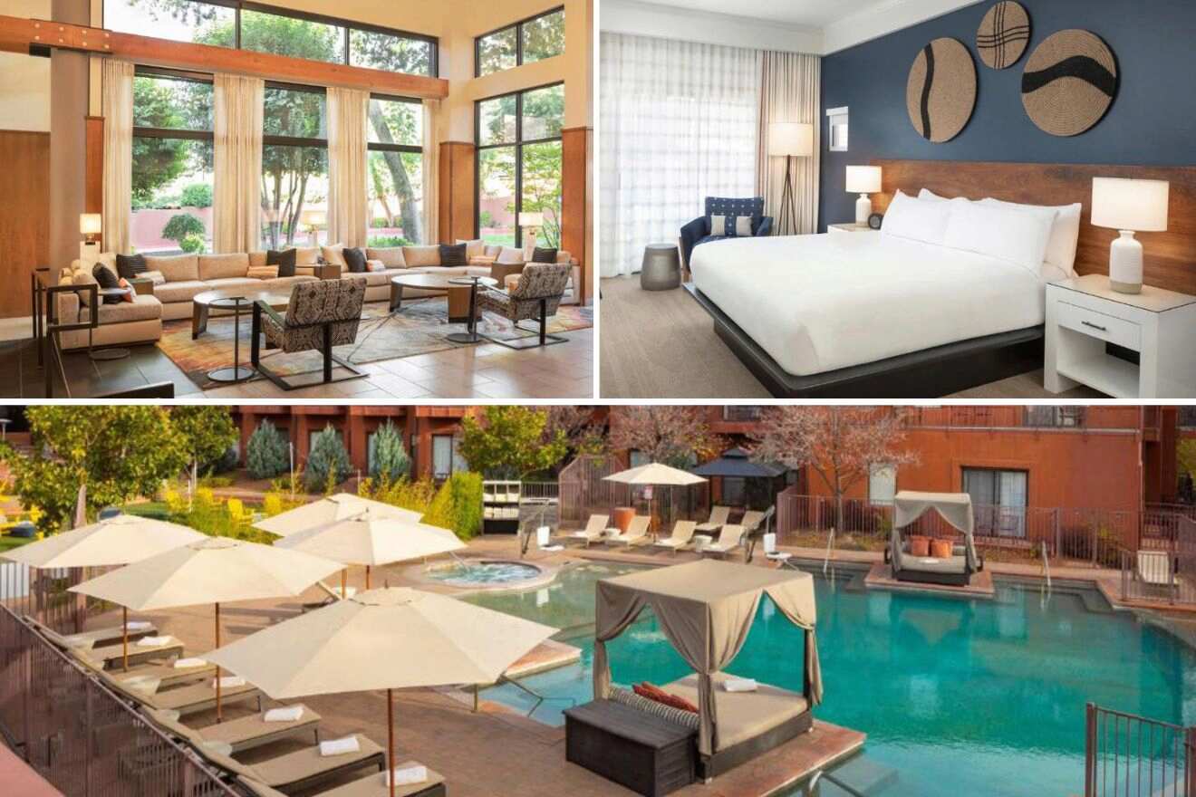 collage with a hotel room, a pool and lounge area