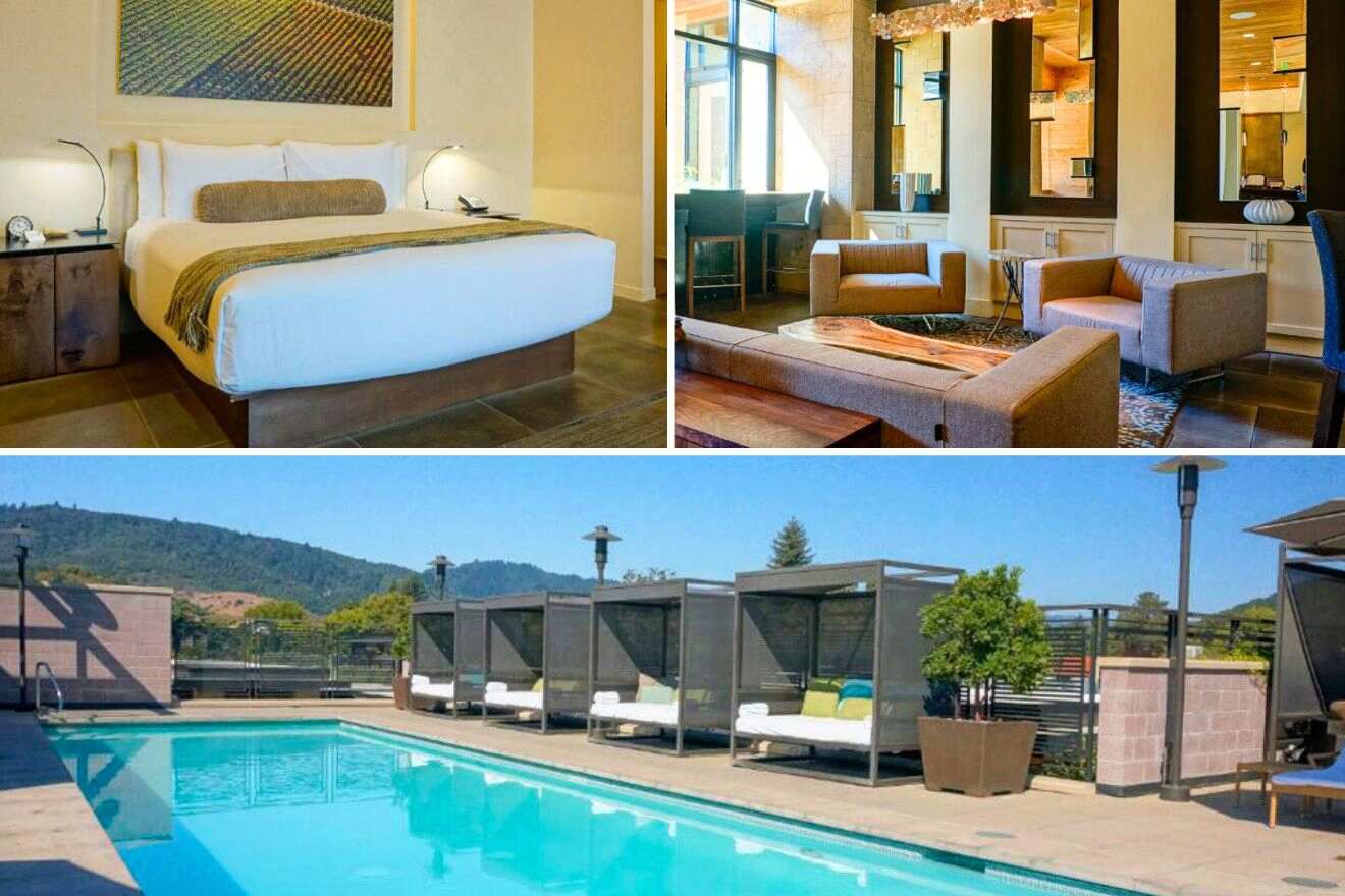 collage of a hotel with chilling area, bedroom and a pool