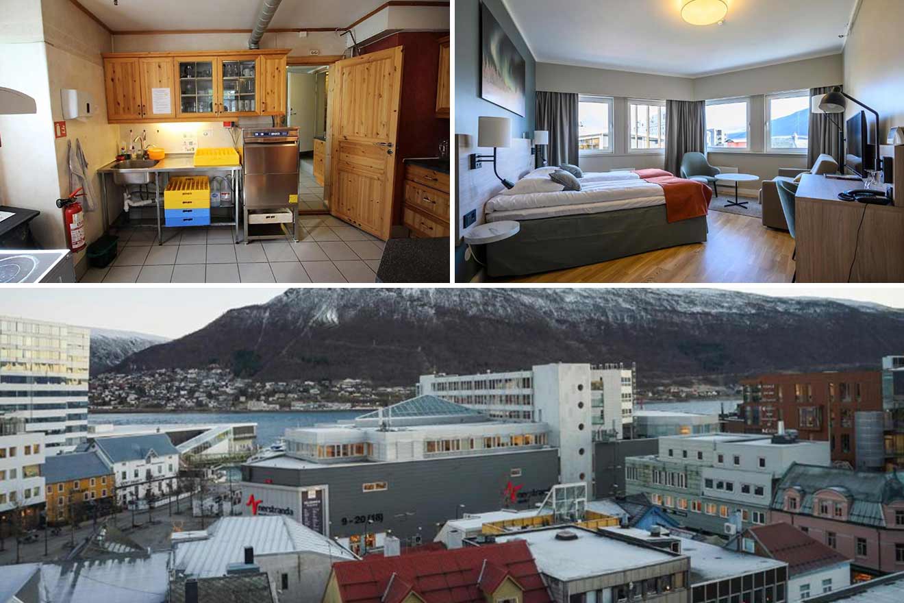 collage of 3 images with: aerial view over the hotel's building, bedroom and kitchen 