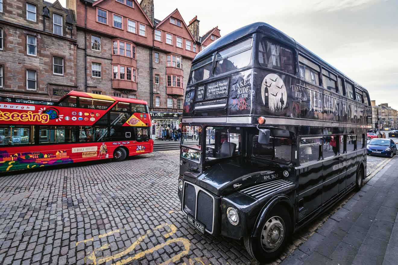 a double decker ghost bus parked on the side of the road