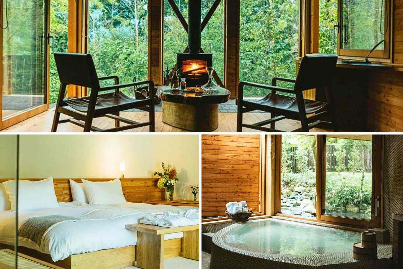 collage of three images: a private onsen, a bedroom and lounge in front of the fireplace