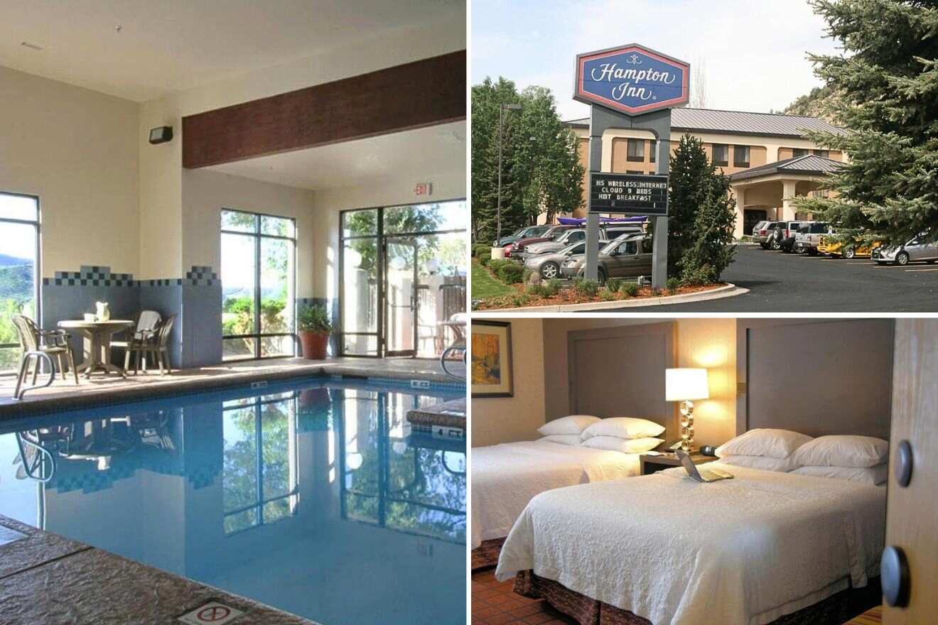 collage of three images with: a pool, bedroom and hotel's building