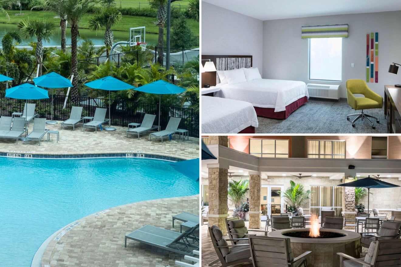 collage with a hotel room, a pool and outdoor lounge with chairs around a firepit