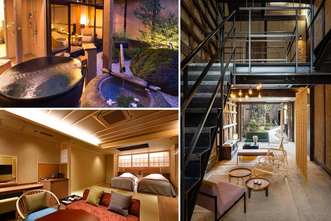collage of 3 images of a ryokan: bedroom, hallway and private onsen