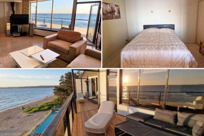 collage with a bedroom, living room, and terrace with a view of the ocean