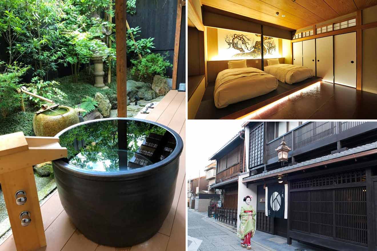 collage of 3 images of a ryokan: bedroom, outside view of the building, private onsen