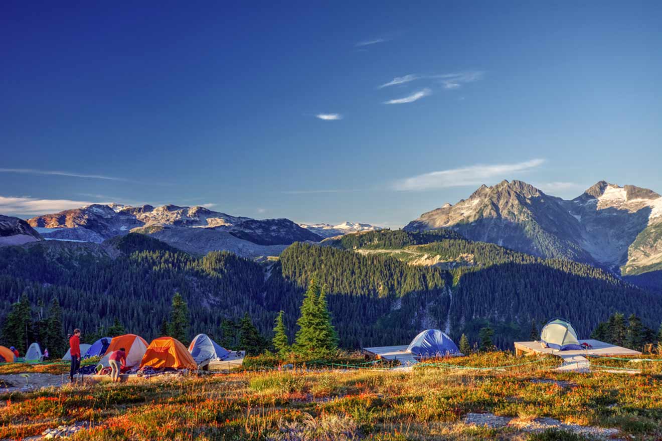 View of a camping site in a mountain range