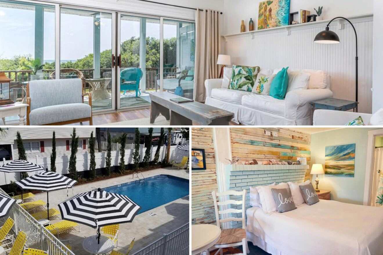 a collage of photos of a living room, bedroom, and pool