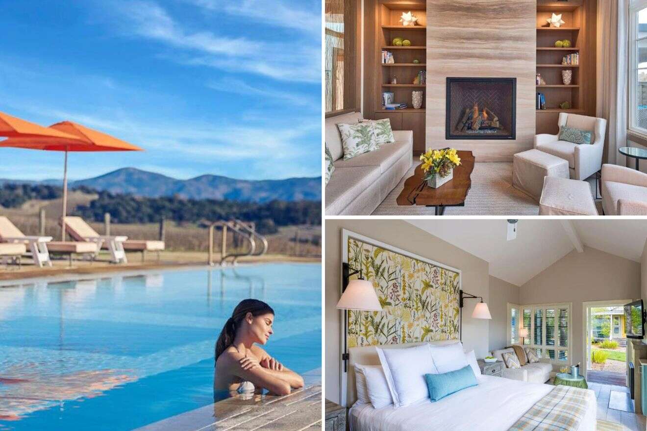collage of a hotel with lounge by the fireplace, bedroom and a woman sitting in the pool