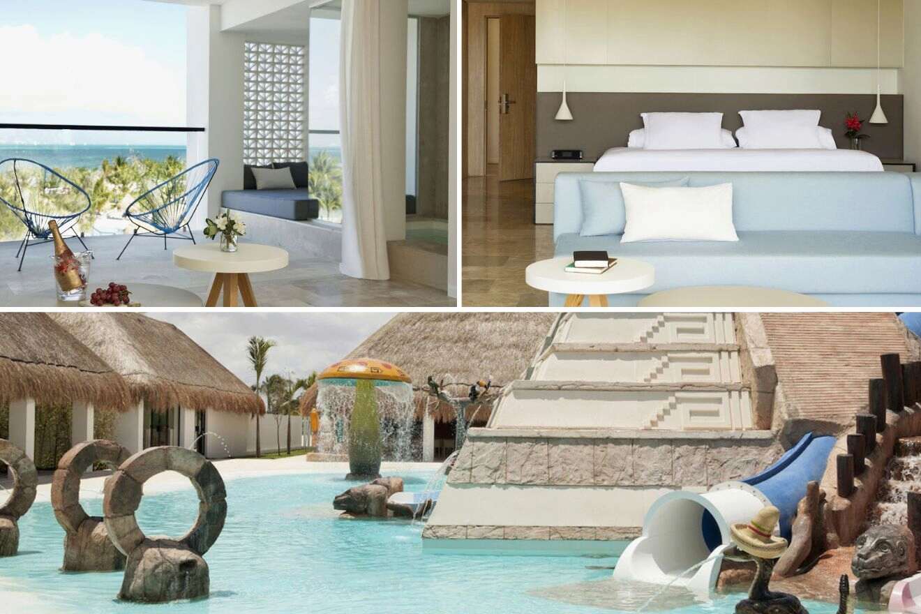 collage with waterpark, bedroom and terrace lounge area