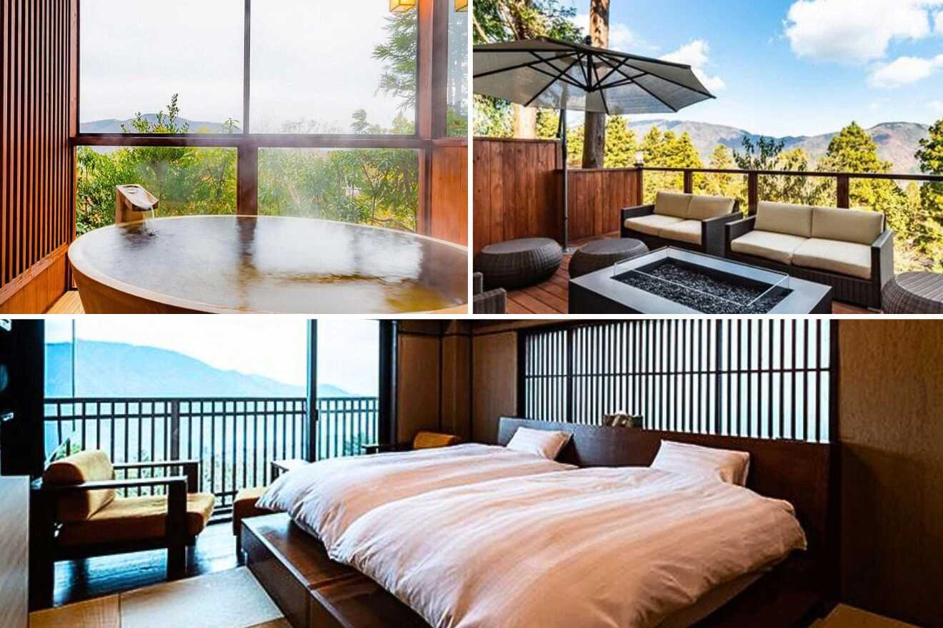 collage of three images: a private onsen, table with a bedroom and a lounge area on the terrace