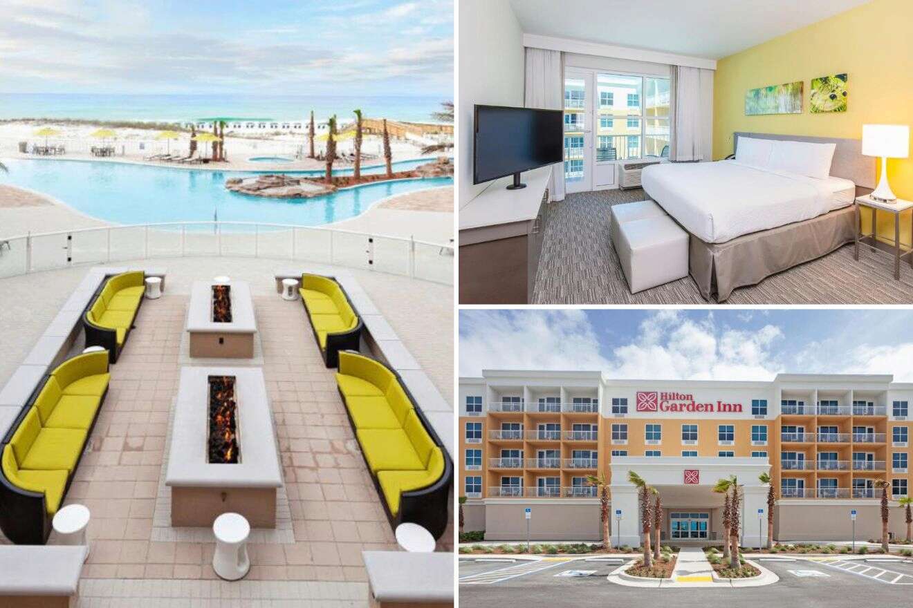 Collage of three hotel pictures: outdoor fireplace area and pool, bedroom, and hotel exterior