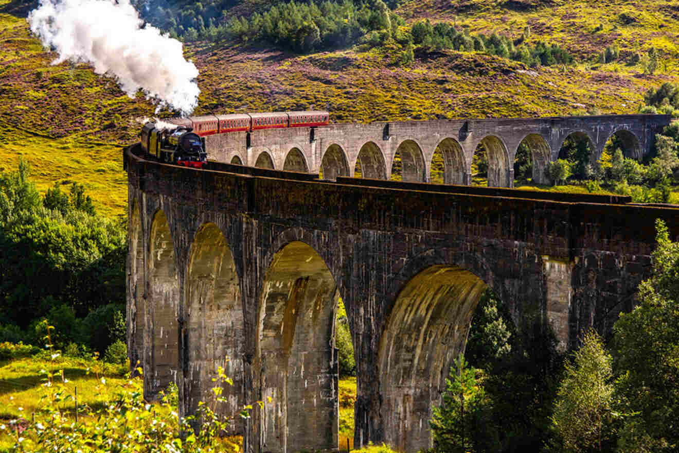 a train traveling over a viaduct in the mountains