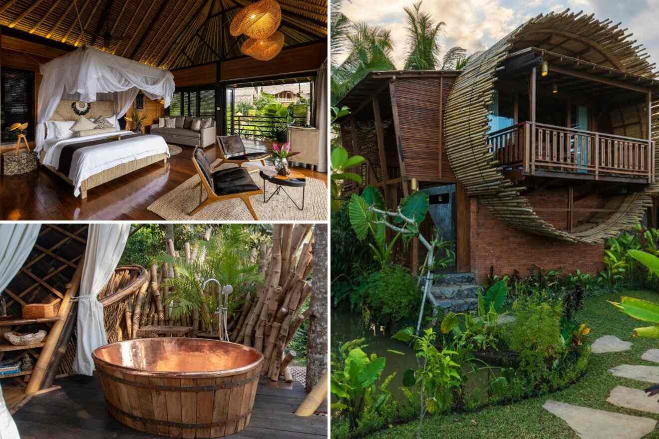 Collage of three house pictures: bedroom, outdoor tub, and house exterior