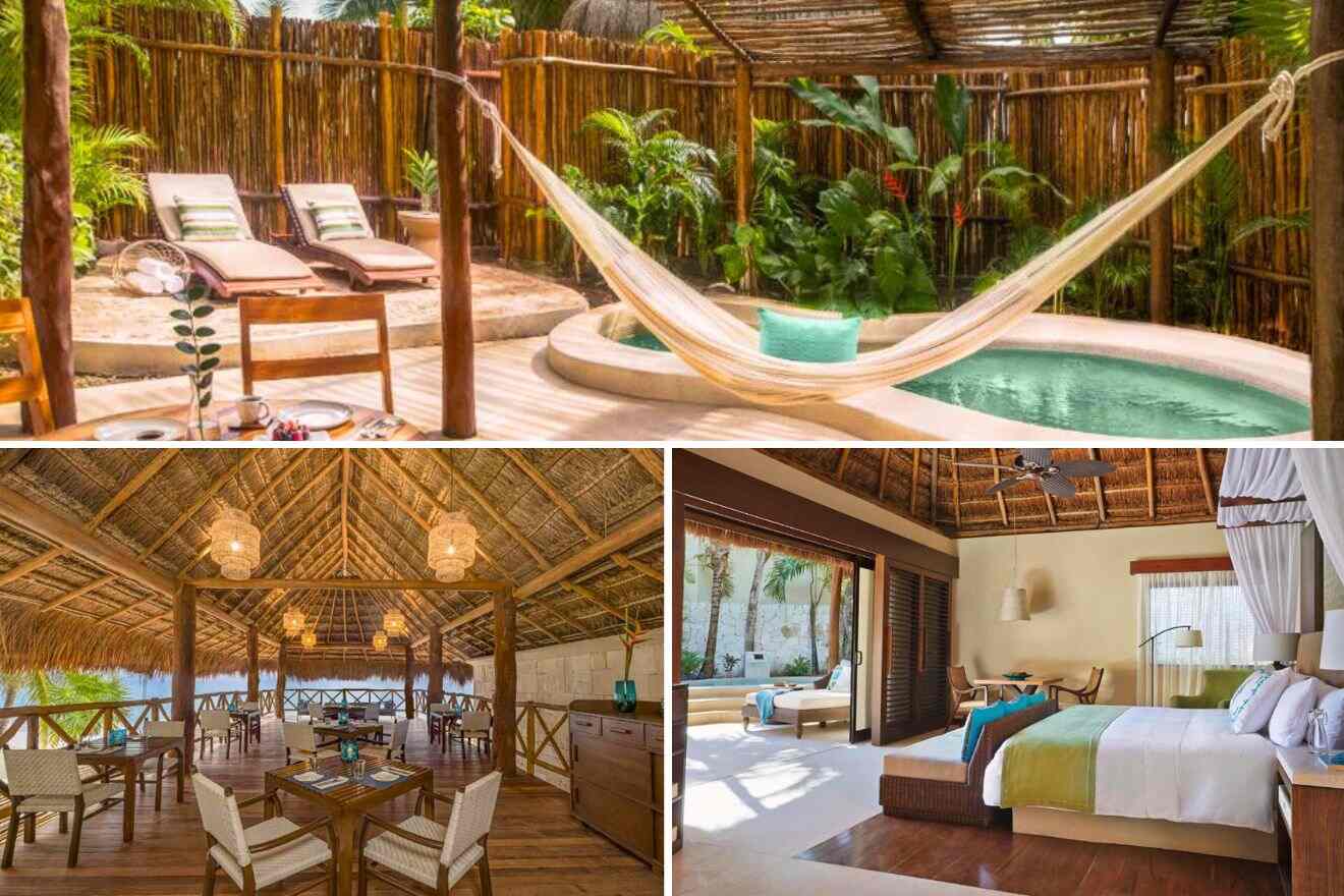 Collage of 3 pics of hotel in Riviera Maya: a hammock and hot tub outdoors, a dining area under a thatched roof, and a bedroom with a canopy bed and wooden furnishings.