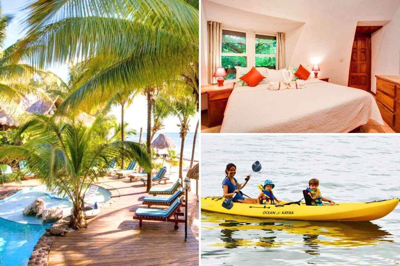 Collage of images: swimming pool, bedroom and family in kayak