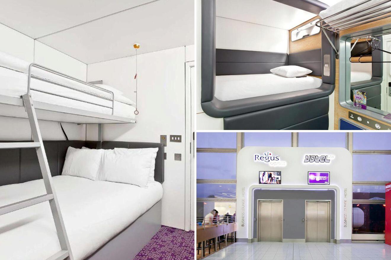 Collage of three hotel pictures: bedrooms with bunk beds and common area