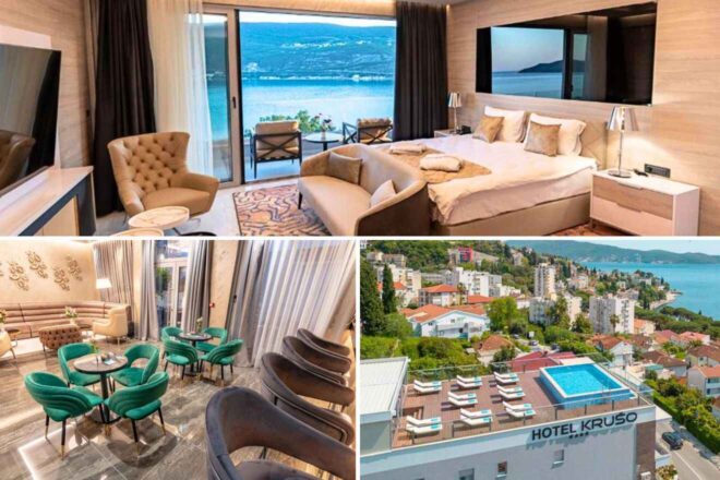 collage a hotel room with a view of the ocean, rooftop swimming pool and a dining room
