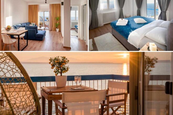 Collage of an interior with a living area, bedroom, and a balcony. The balcony overlooks a sunset view over the sea with a table and two chairs.