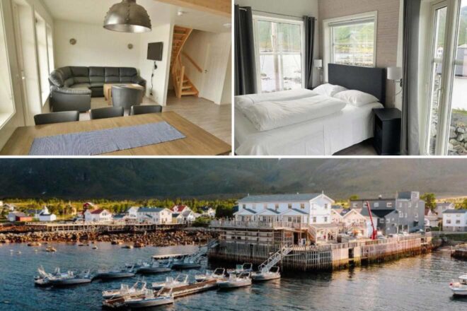 a collage of photos of a bedroom, living and dining room, and hotel's view over the harbour