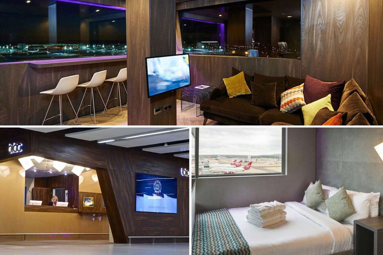 Collage of three hotel pictures: reception area and lounge with a view over the airport