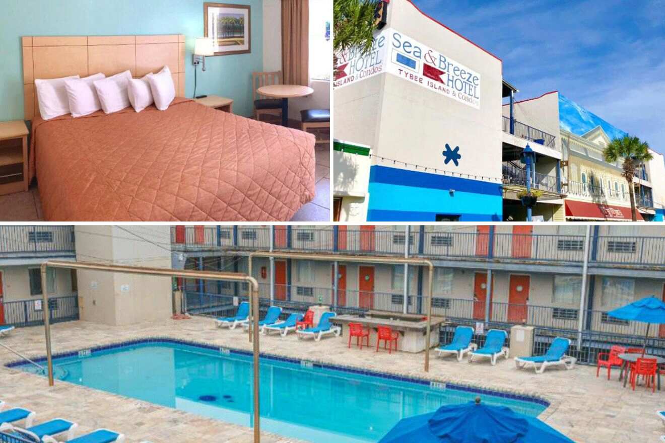 collage with pictures of a motel's building, a bedroom and a pool