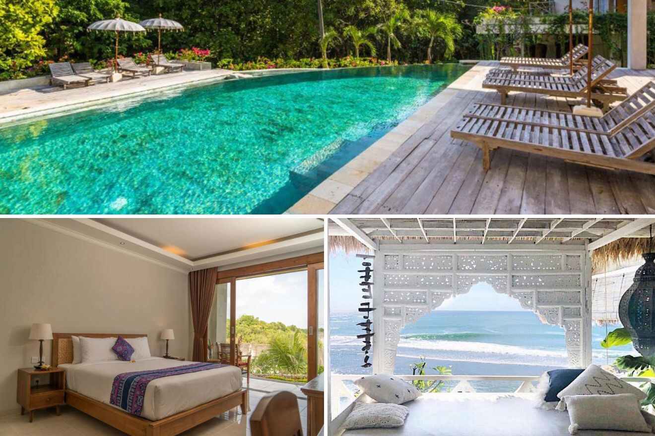 Collage of three hotel pictures: outdoor pool, bedroom, and outdoor lounge area with a view