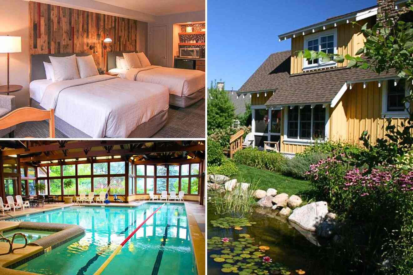 collage of three images with: a house, a pool and bedroom
