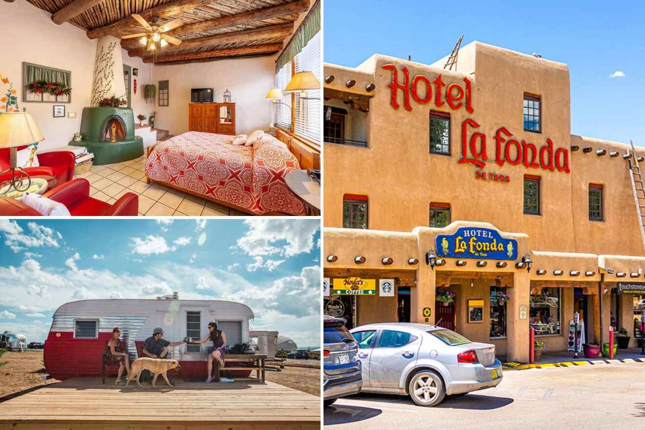 a collage of photos of a hotel's building with parked cars in front of it, a hotel's bedroom and people and a dog sitting in front of a campervan