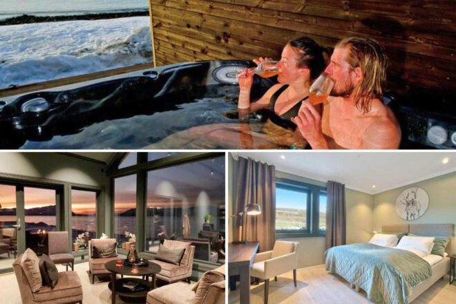 collage with a bedroom, living room and a couple of people that are in a hot tub