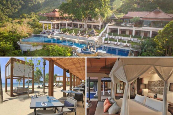 collage with aerial view over the resort, bedroom and restaurant