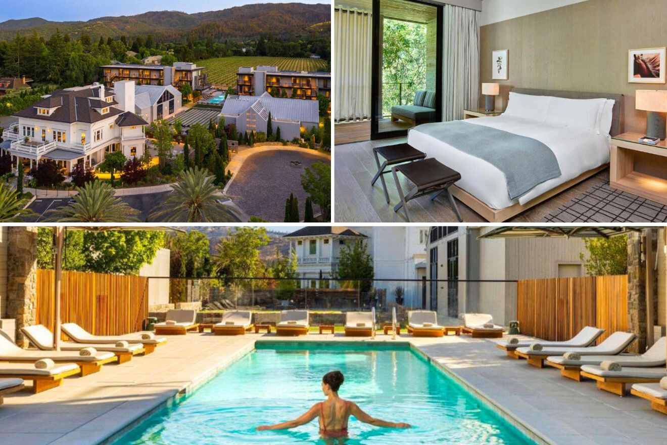 collage of a hotel with a view over the building, bedroom and a pool